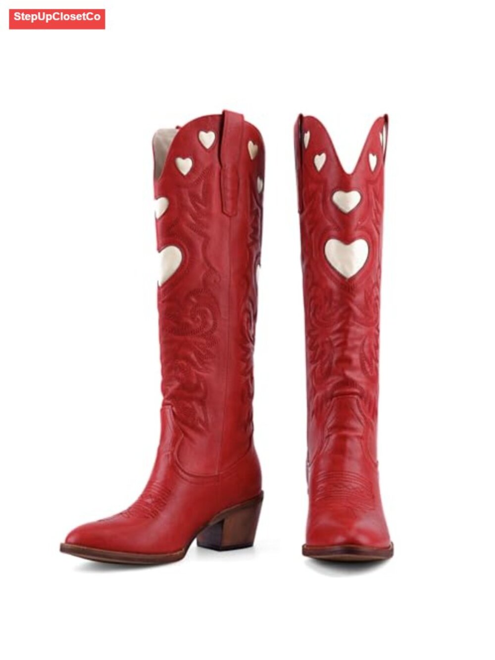 Women's Embroidered Western Knee High Pull-On Boots Stacked Heel Faux Leather